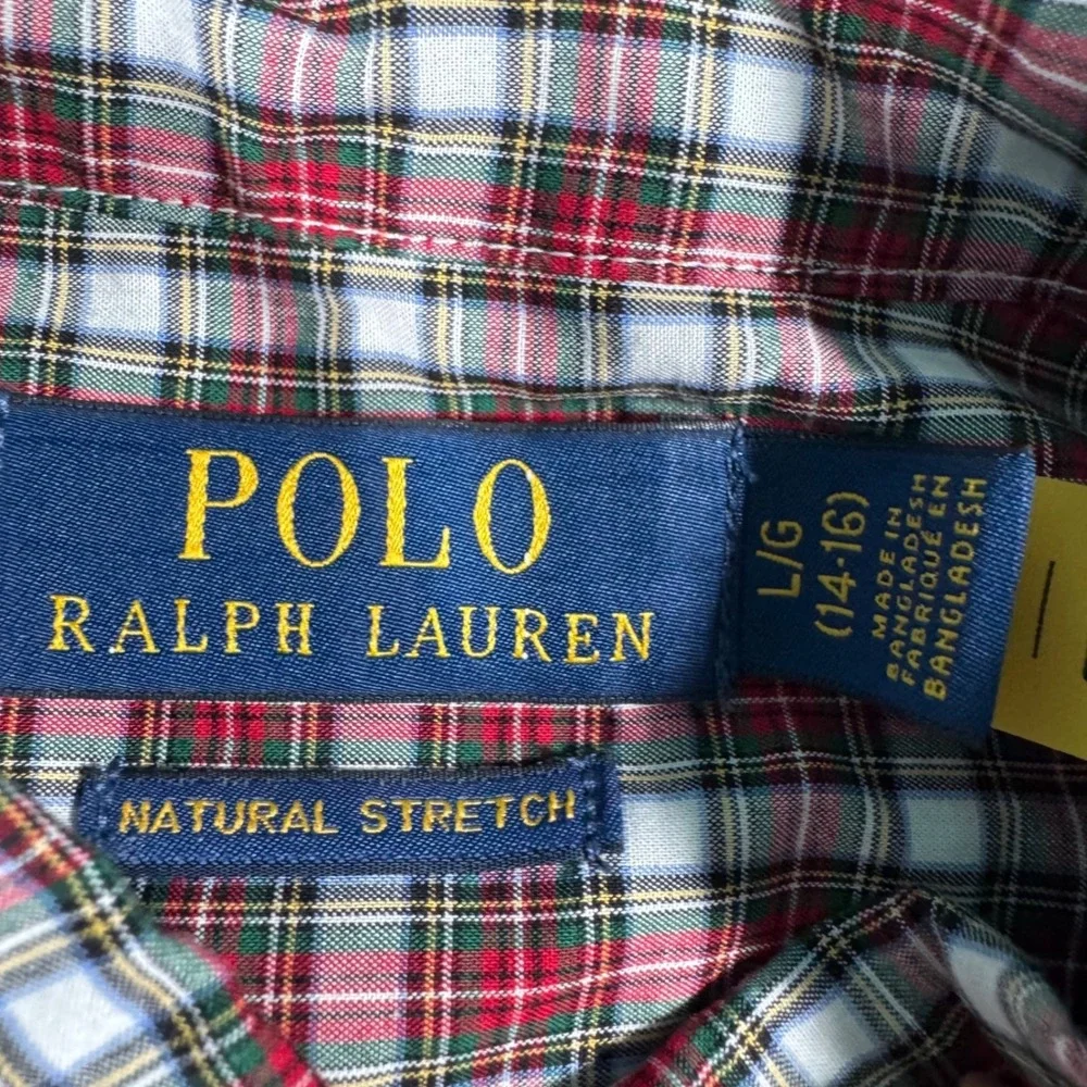Polo Ralph Lauren Button Down Shirt Boys L 14-16 Red Plaid Natural Stretch Pony